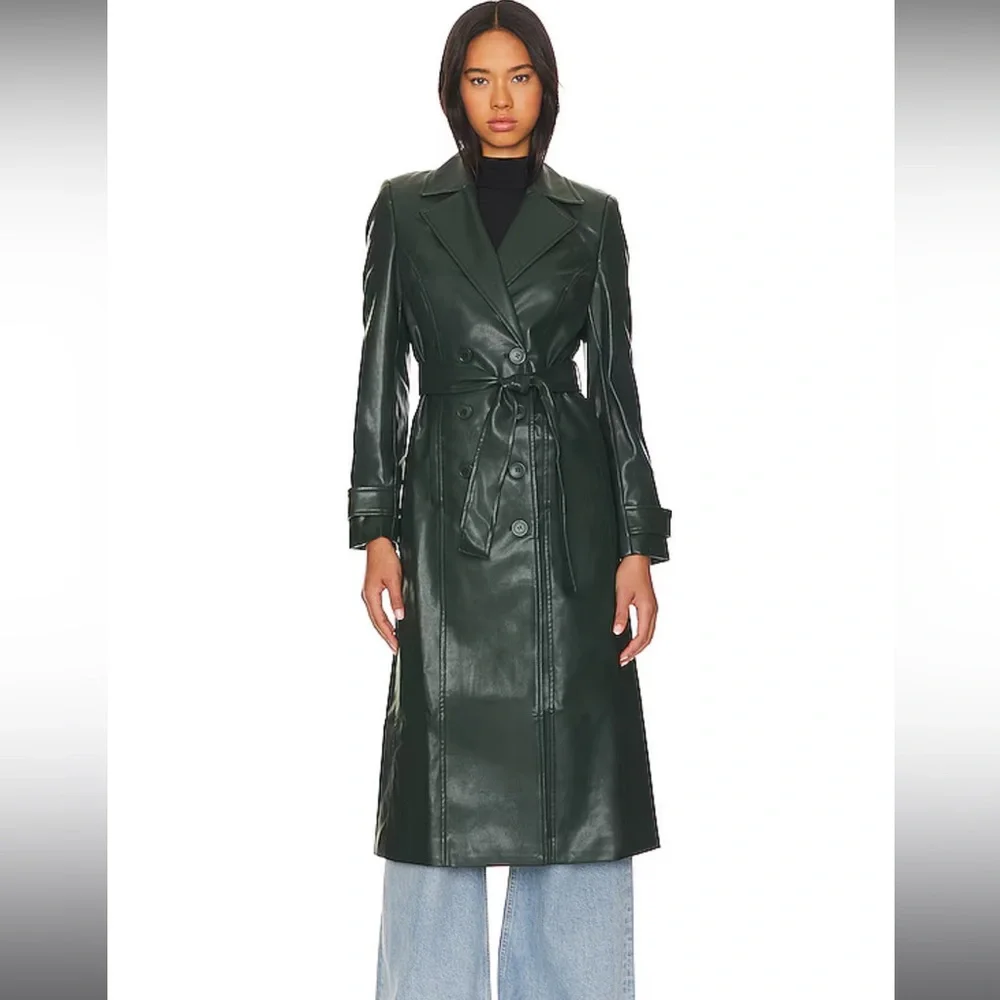 NWT Bardot Faux Leather Trench Coat in Evergreen - Picture 2 of 7